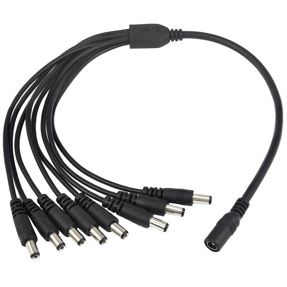 8 Way Power Splitter Cable DC 1x Female 8x Male 5.5 x 2.1mm Plug for CCTV - Black