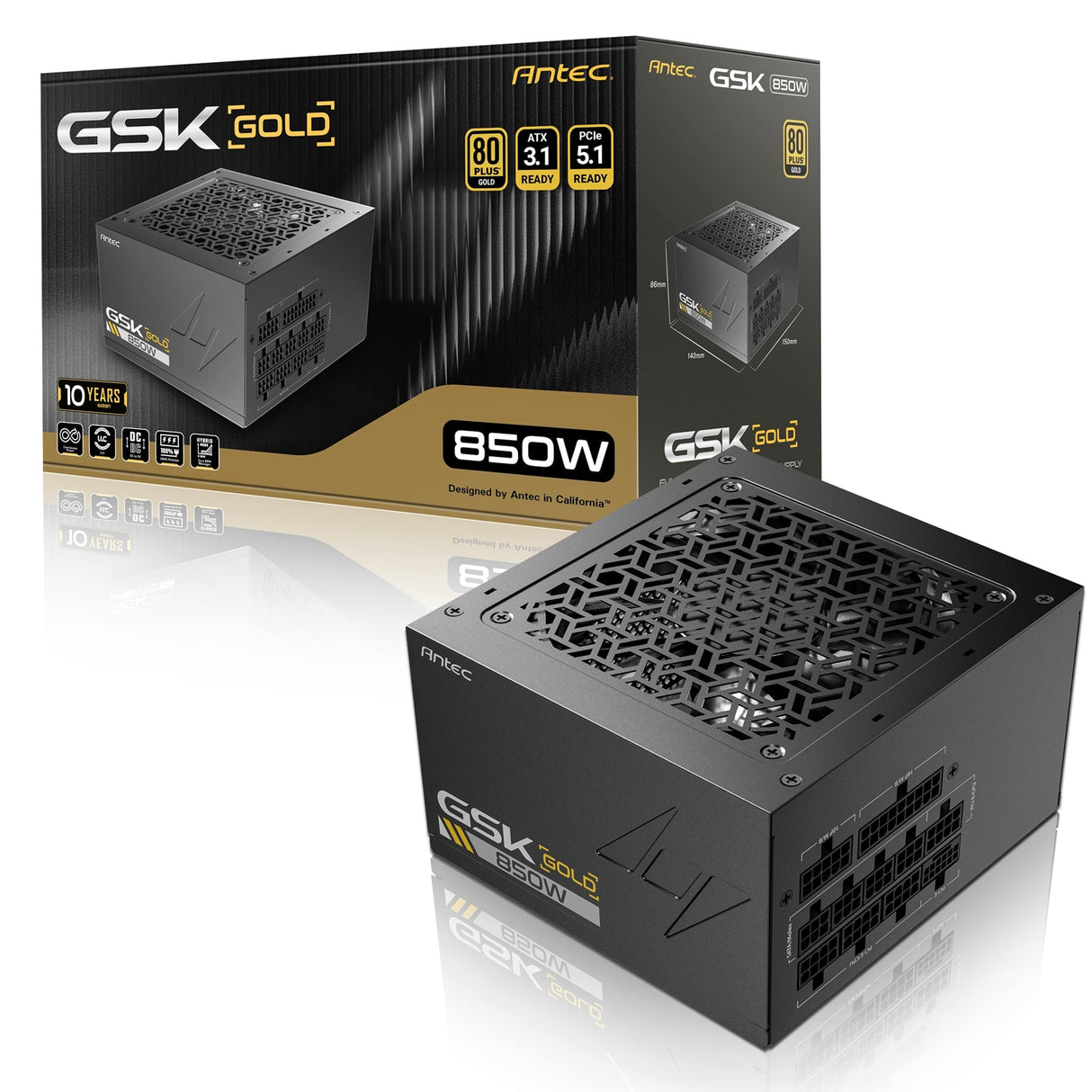 Antec GSK850 V2 850W Fully Modular ATX 3.1 Power Supply, 80 PLUS Gold, PCIe 5.1 Ready with 12V-2x6 Cable, Silent 120mm Fan, High-Performance PSU for Gaming PCs