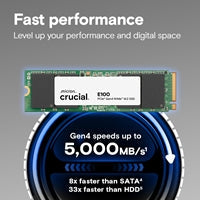 Crucial (CT1000E100SSD8) E100 1TB PCIe Gen4 NVMe M.2 SSD, Sequential Write 4,500 MB/s, Sequential Read 5,000 MB/s
