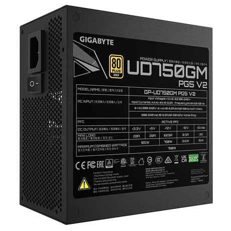 GIGABYTE GP-UD750GM 750W V2, 80 Plus Gold Certified Fully Modular Power Supply, PCIe Gen 5.1, 80 PLUS Gold, Fully Modular Design, 120mm Fan, ATX 3.1 compatible, UK Plug