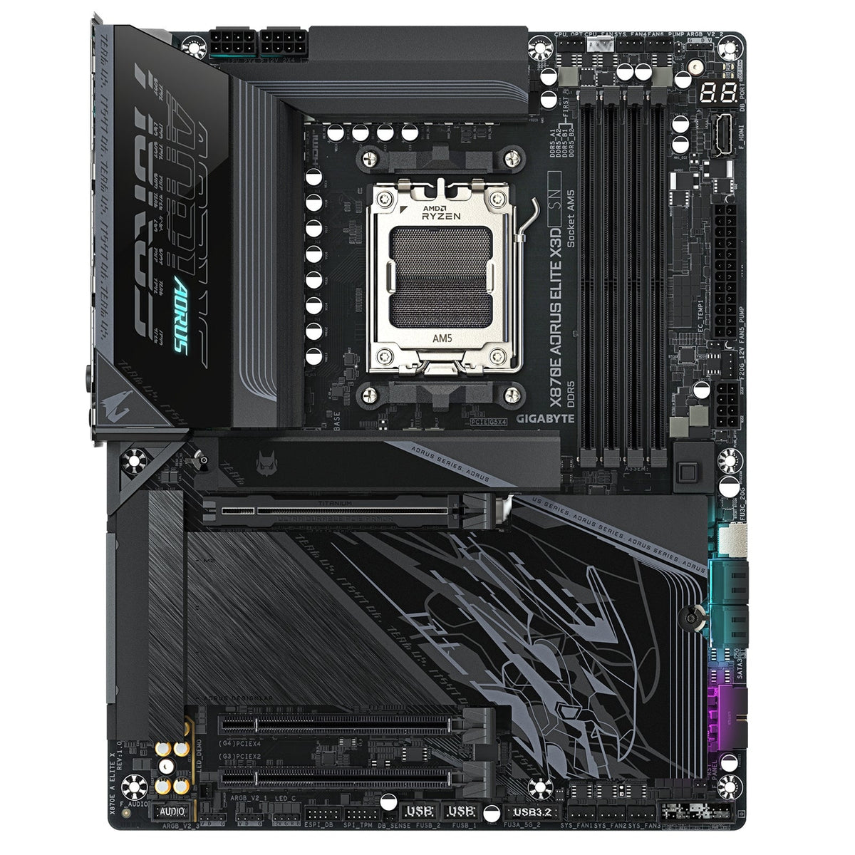 Gigabyte X870E AORUS ELITE X3D AMD AM5 Socket Motherboard, ATX, 4x DDR5 Slots, 4x M.2 Sockets, Fitted I/O Shield, 5GbE LAN, Wi-Fi 7, 1x HDMI Port / 2x USB-C (USB4)