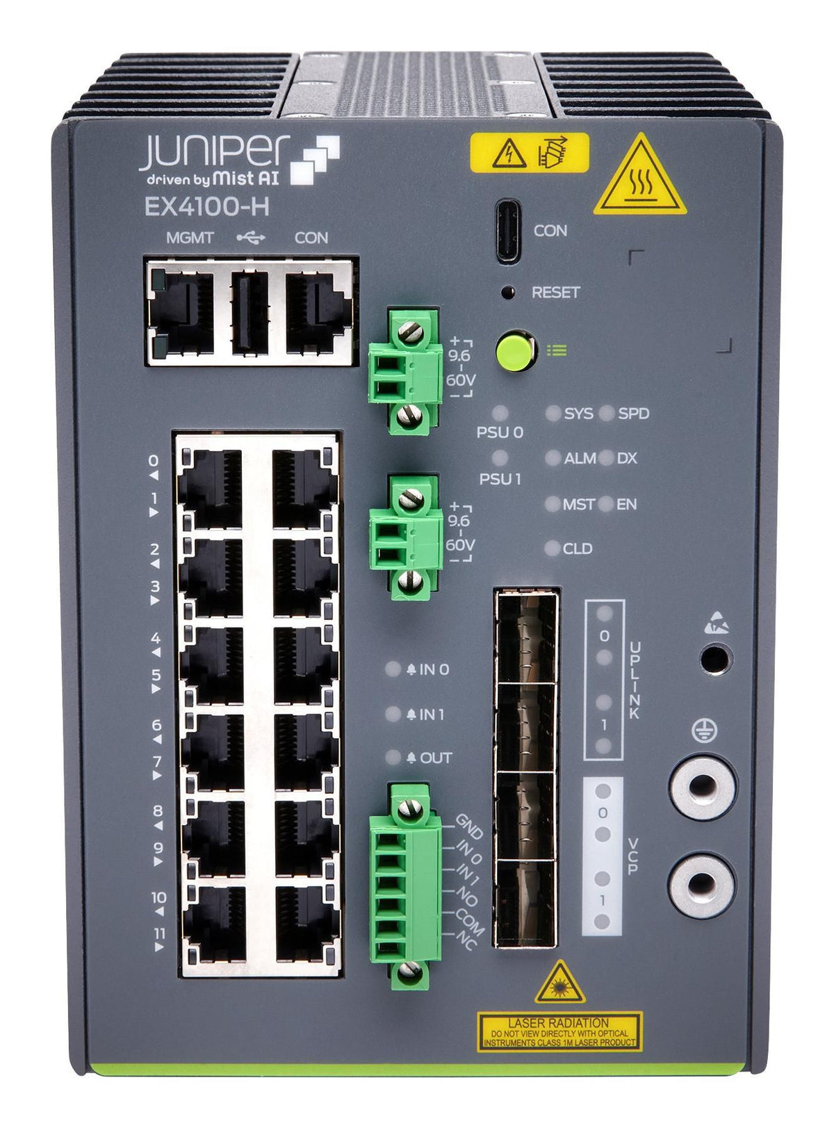 Juniper 12 port EX hardened switch with DC PSU, 4x 1/2.5G & 8x1G, 4x10G SFP+ VC/Uplinks MACSec-AES256 on multigig & 2x10G uplinks+C5