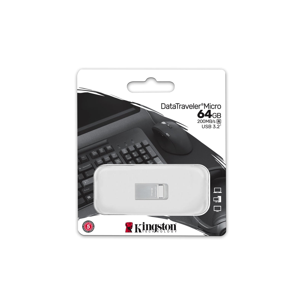 Kingston DTMC3G2/64GB 64GB DataTraveler Micro USB Flash Drive, USB 3.2, Metal Casing, Up to 200MB/s