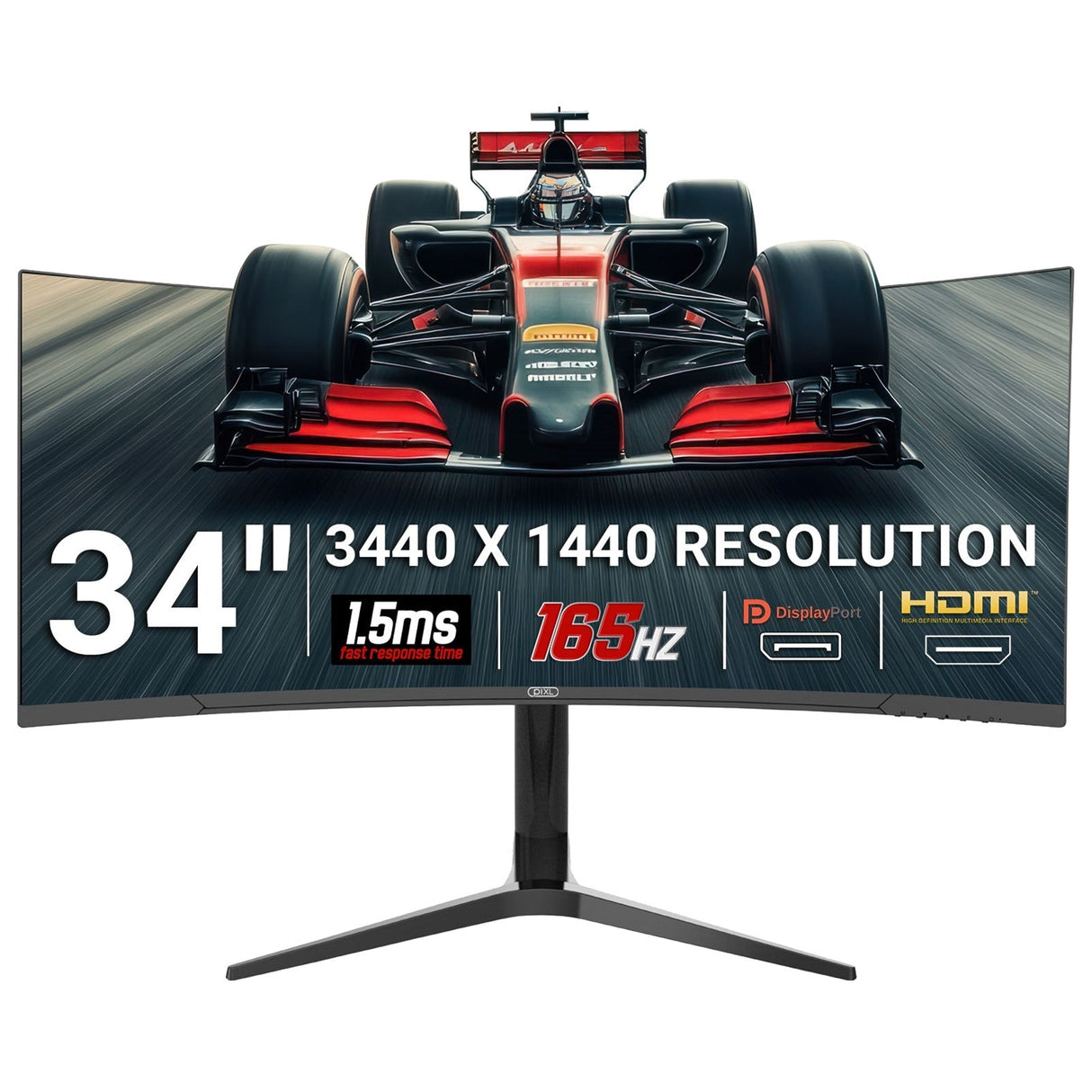 piXL CM34C7 34 Inch 165Hz UWQHD Quad HD Ultrawide Curved Gaming Monitor, with 1.5ms Response Time, 3440 x 1440 Resolution, HDMI, DisplayPort, USB-C, USB-B, USB-A x 2, Audio & Height Adjust
